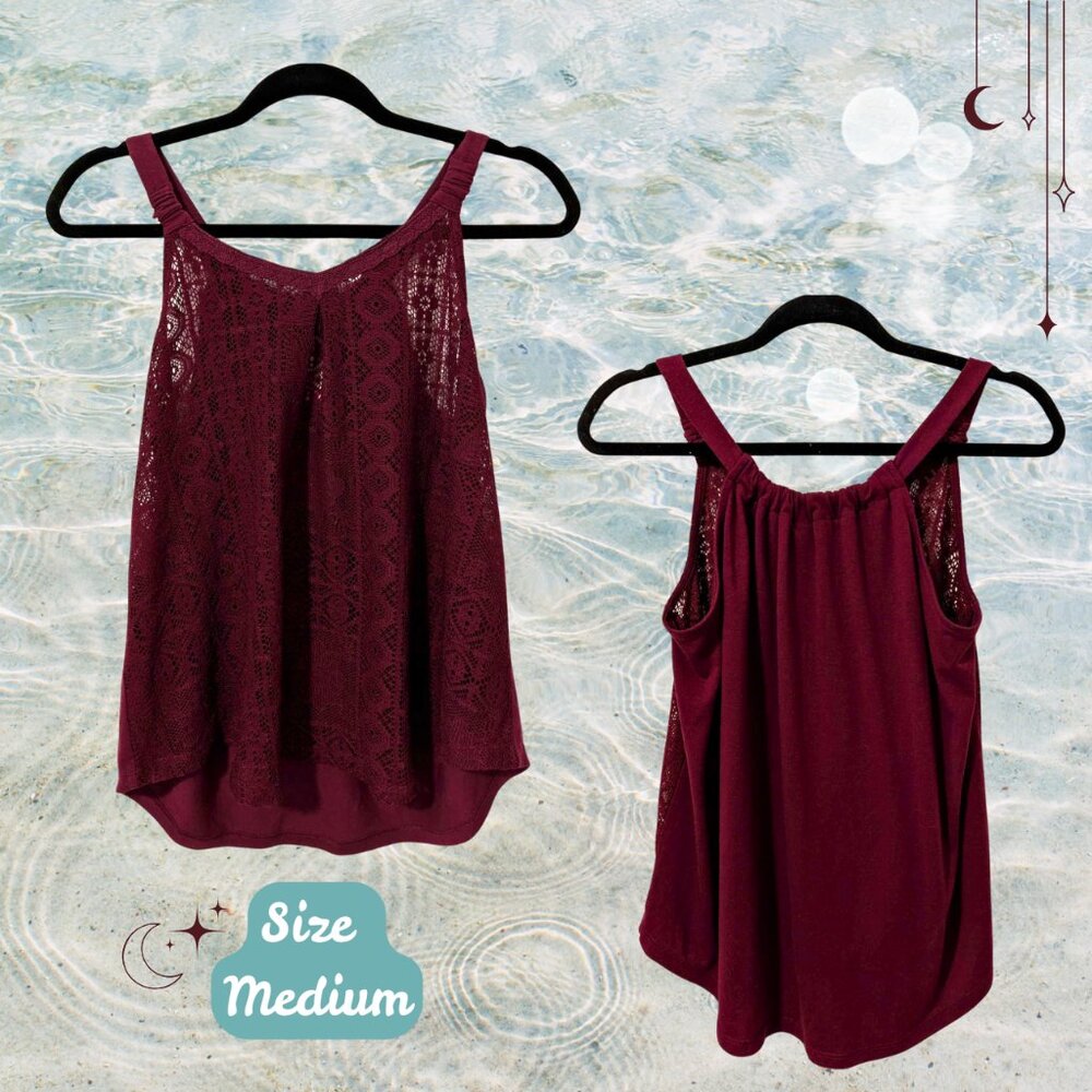 Soft Grunge Burgundy Mesh Lace Halter Tank Top Y2K Boho Layering